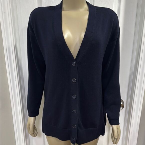 Talbots V-Neck Cardigan Sweater in Navy Blue. - Picture 1 of 8